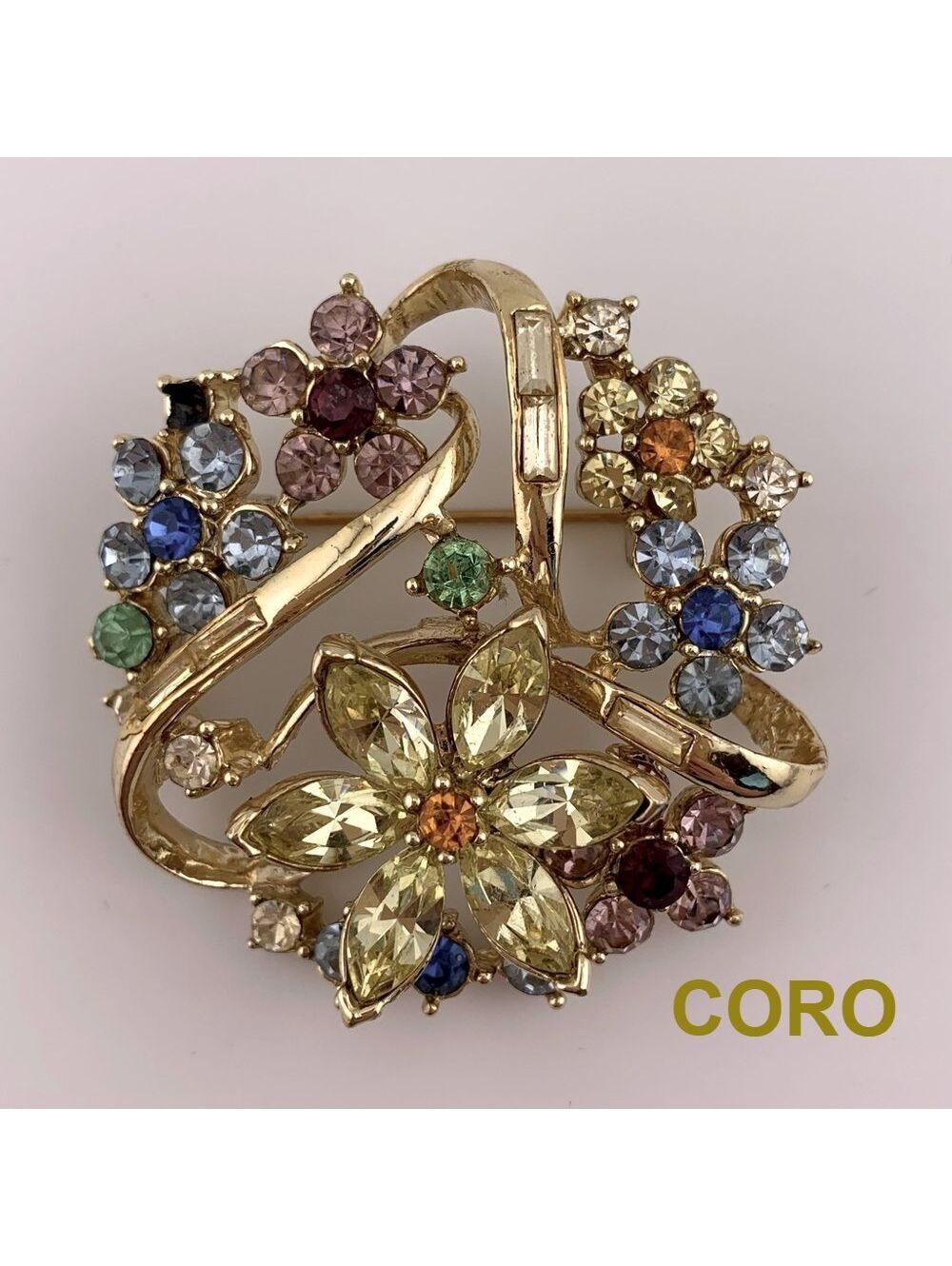 Vintage 1955 CORO Honore Floral Rhinestone Brooch by Adolf Katz Gold Tone 2 inch